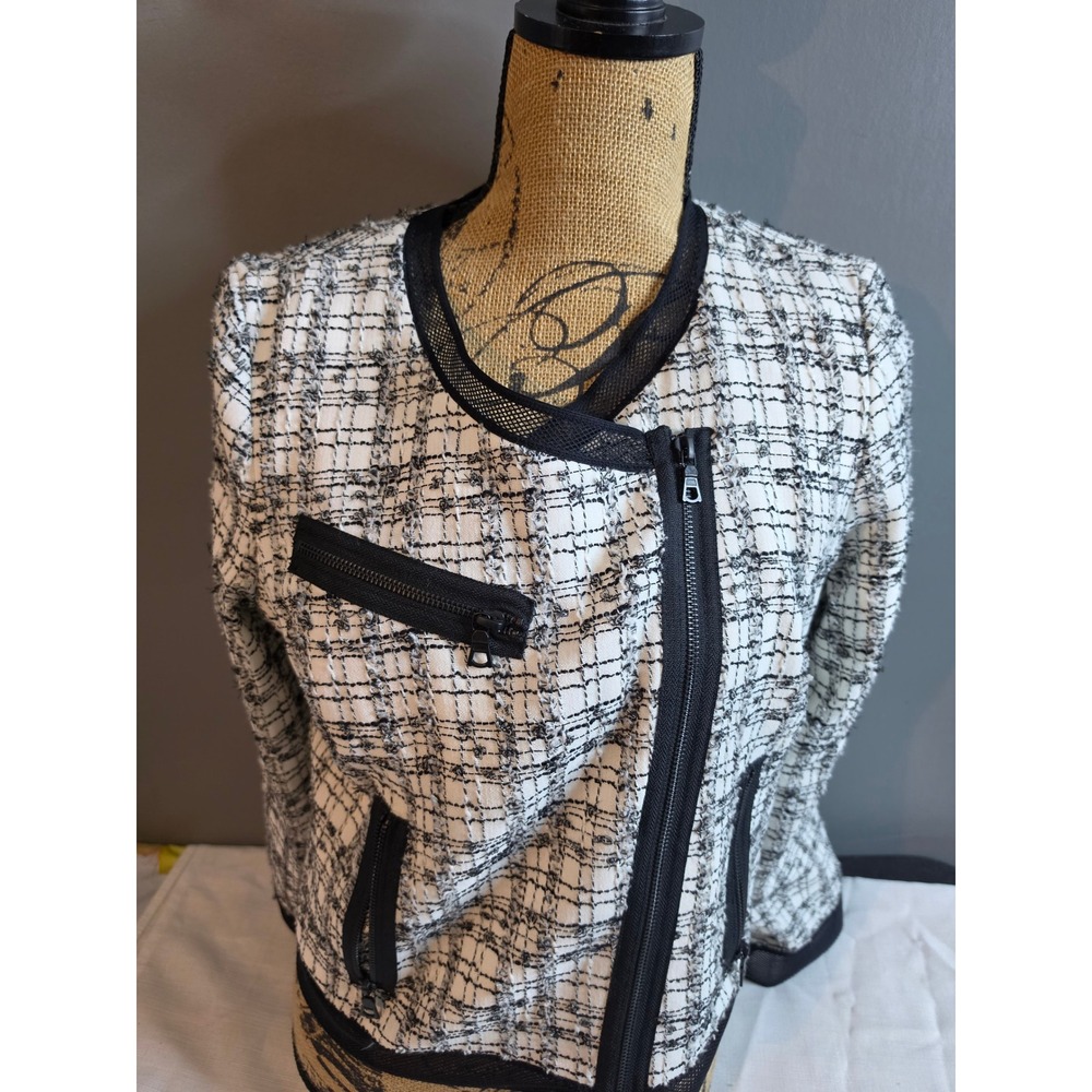 Milly of New York Tweed Moto Jacket Black White Mesh Trim Size 8
